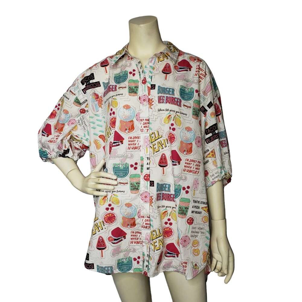 ZARA Oversized Tunic White with Food Tacos Burritos and Candy Print Size Medium
